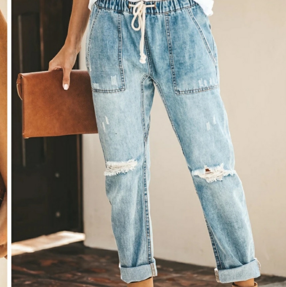 Distressed denim joggers